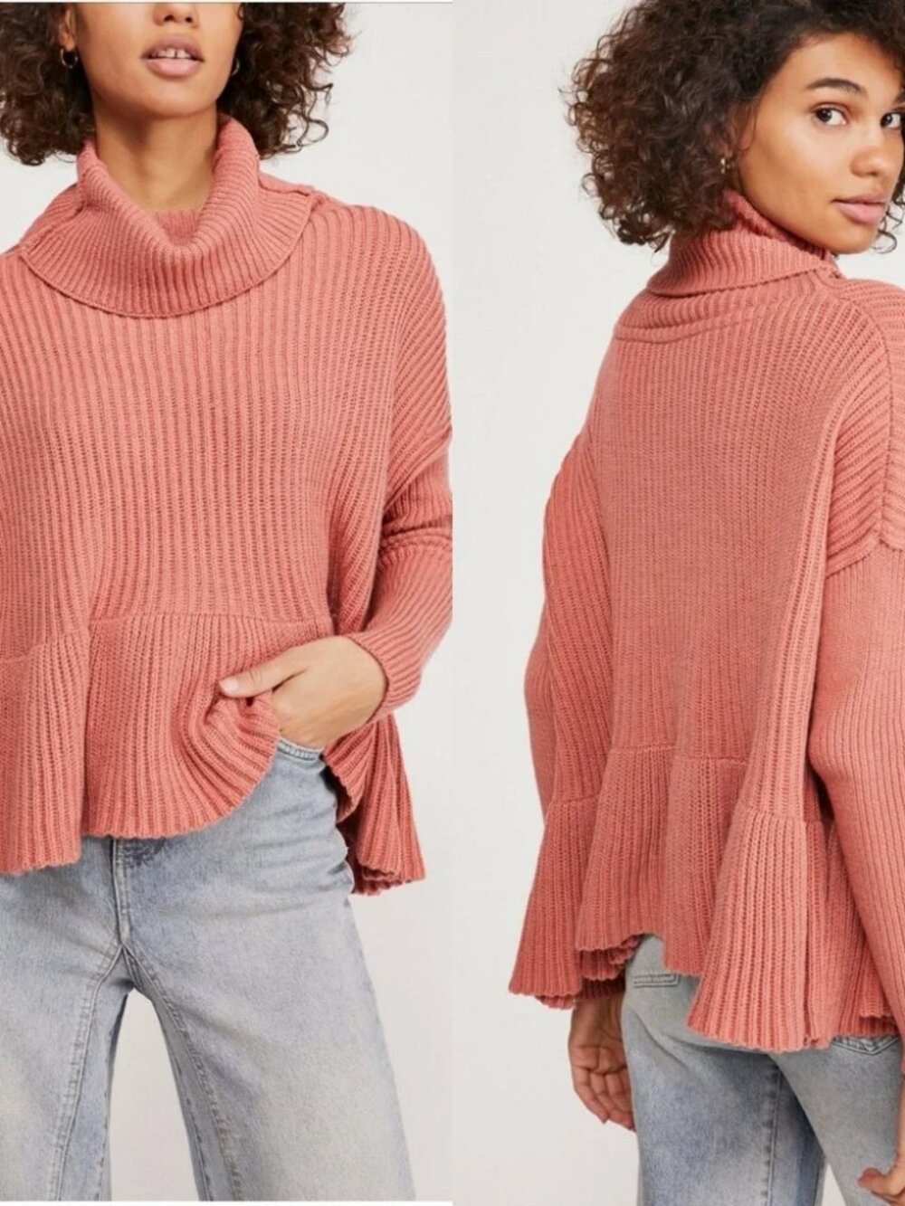 FREE PEOPLE Layer Cake Sweater Womens Small Pink Cowl Neck Ruffle Oversized